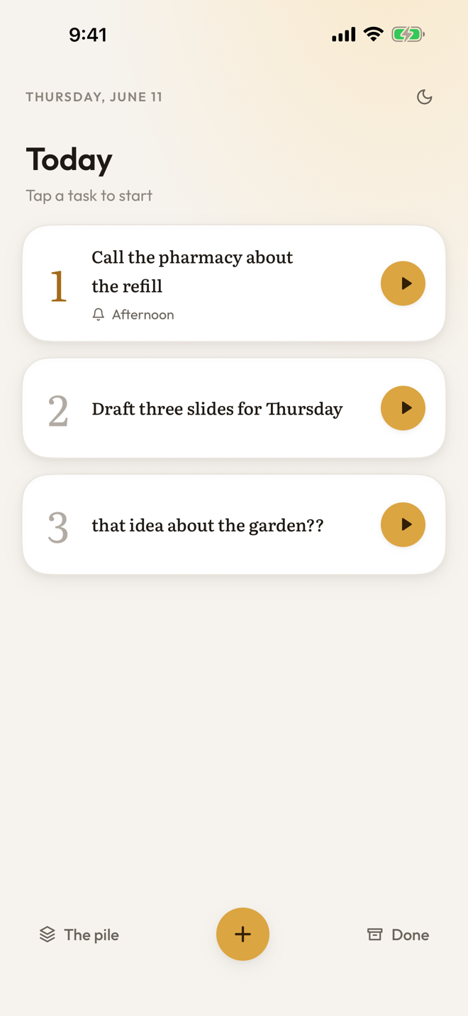 Pick Three Today screen with three task slots