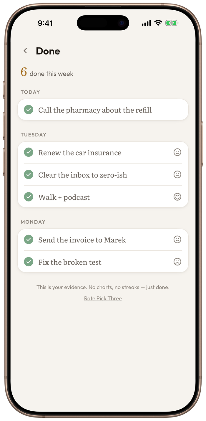 Pick Three on iPhone 16 Pro Max — Done screen with your week count