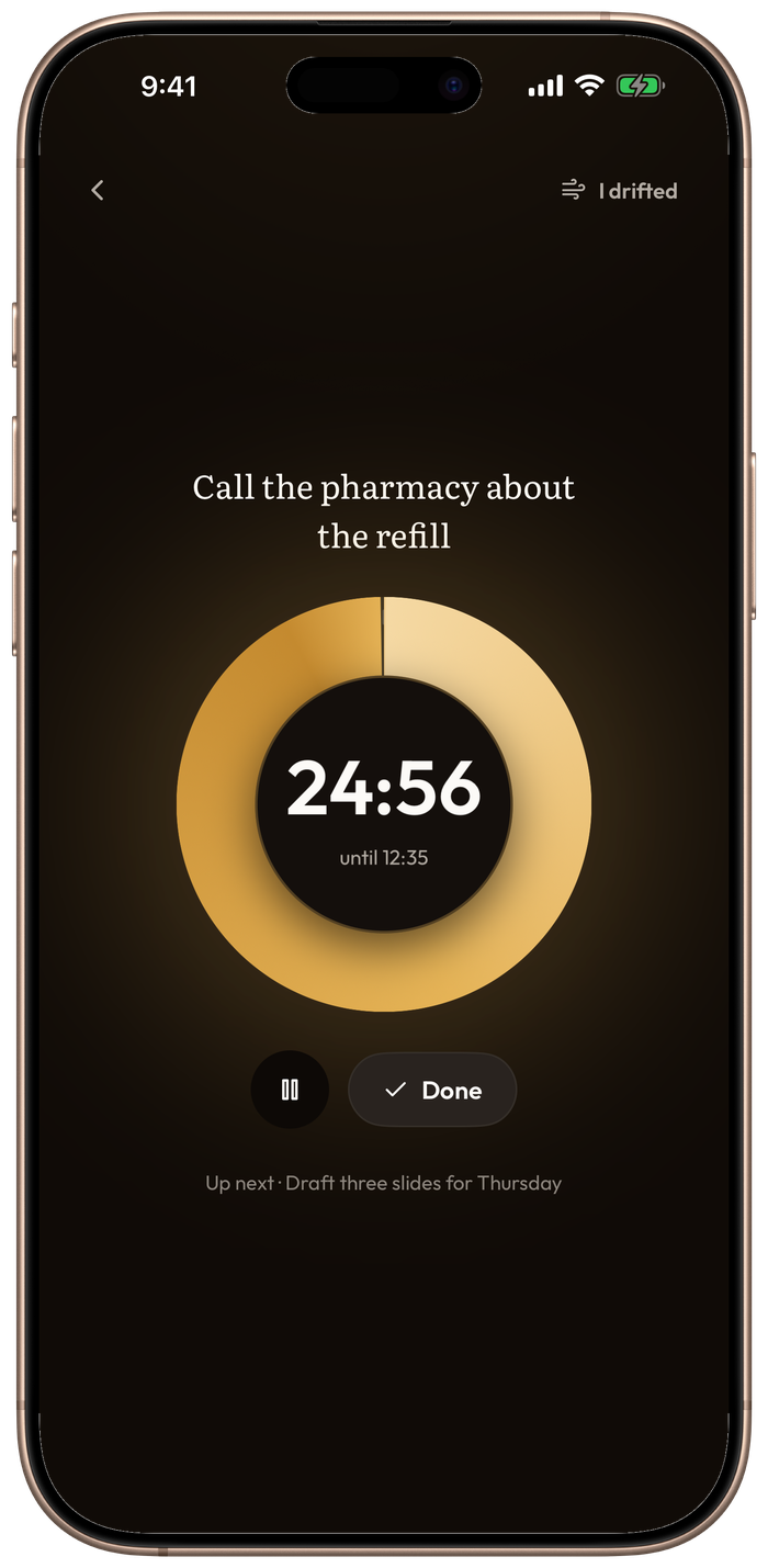 Pick Three on iPhone 16 Pro Max — focus timer, a draining honey disc