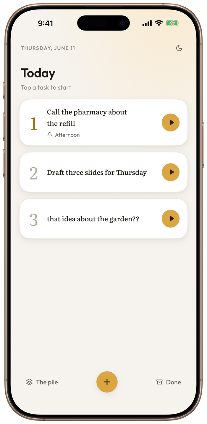 Pick Three on iPhone 16 Pro Max — Today screen with three task slots